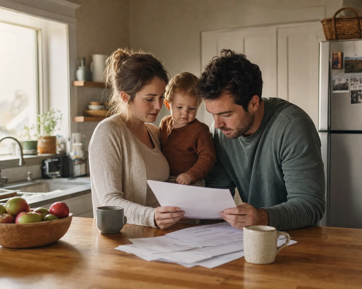 Family in a bright farmhouse kitchen